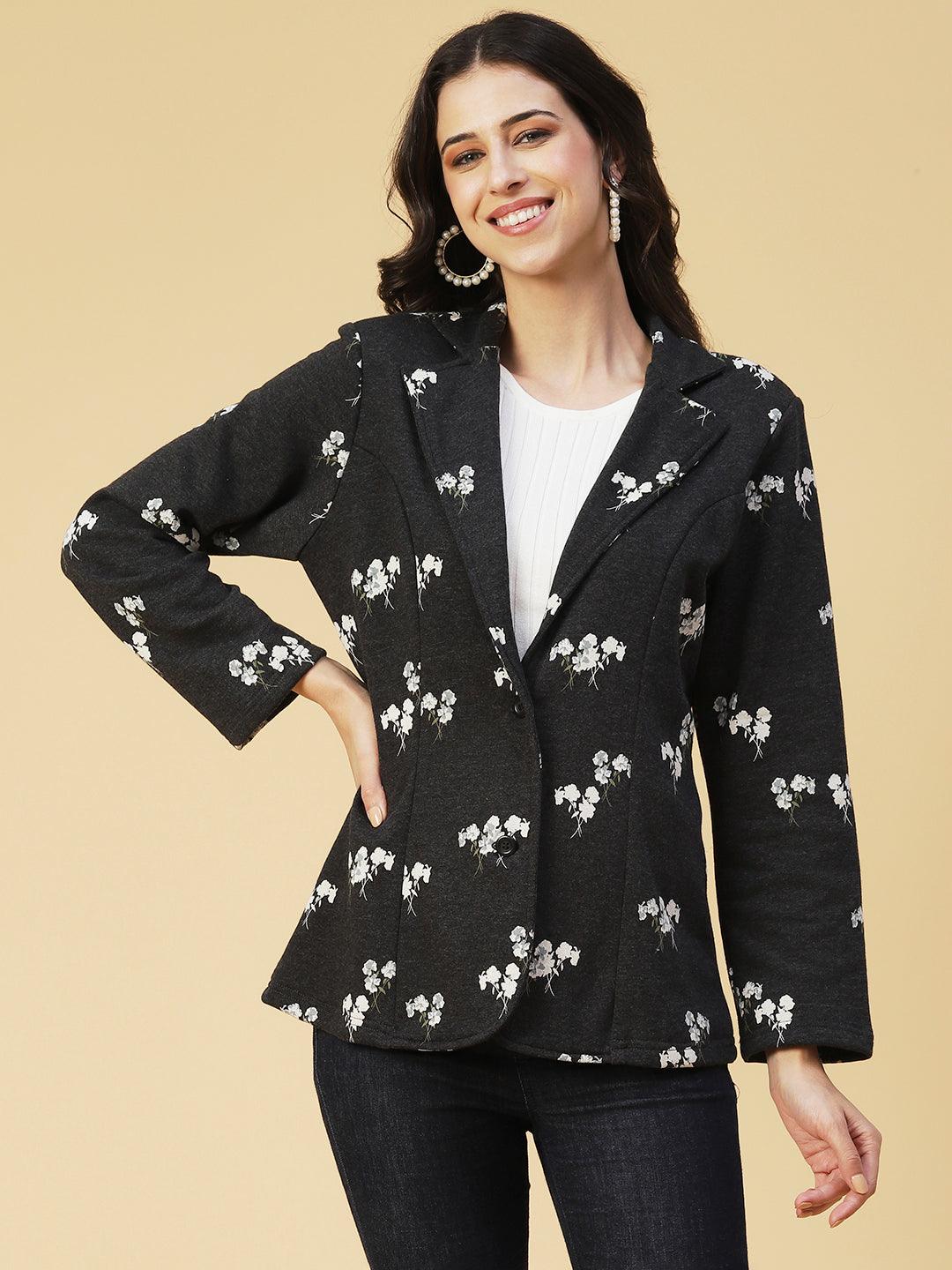 Winter Edition Floral Printed Front Open Jacket - Black - Indiakreations