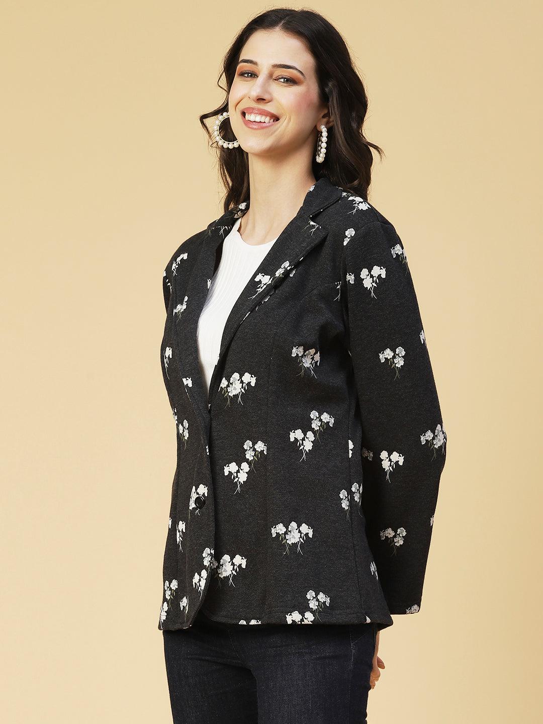 Winter Edition Floral Printed Front Open Jacket - Black - Indiakreations