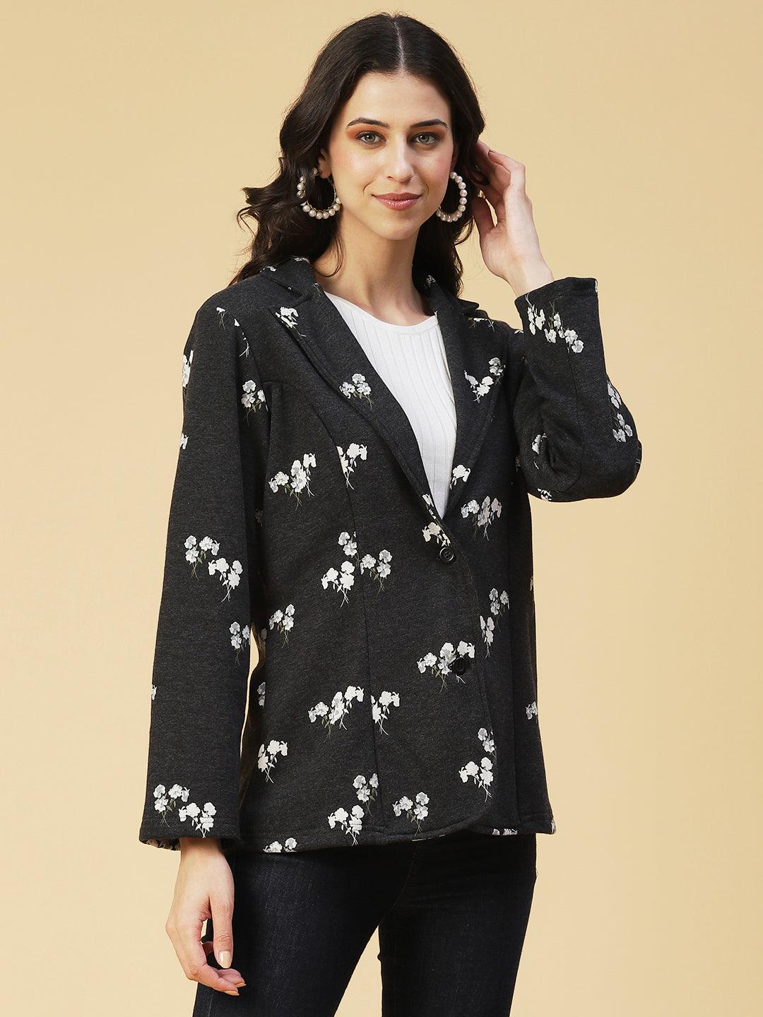 Winter Edition Floral Printed Front Open Jacket - Black - Indiakreations