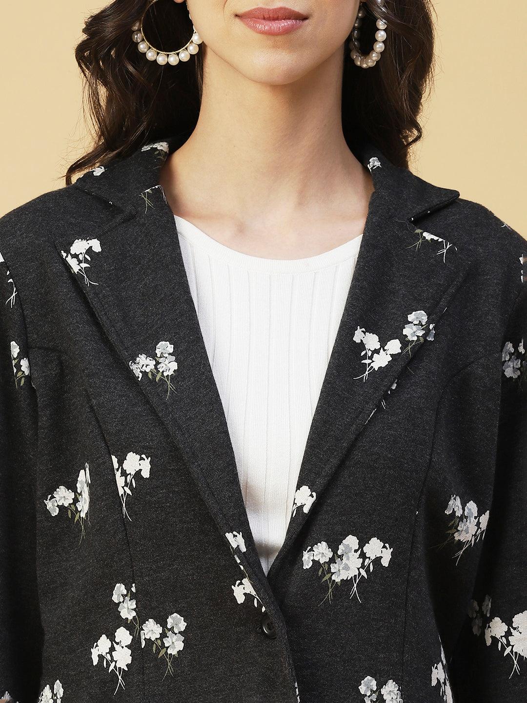 Winter Edition Floral Printed Front Open Jacket - Black - Indiakreations