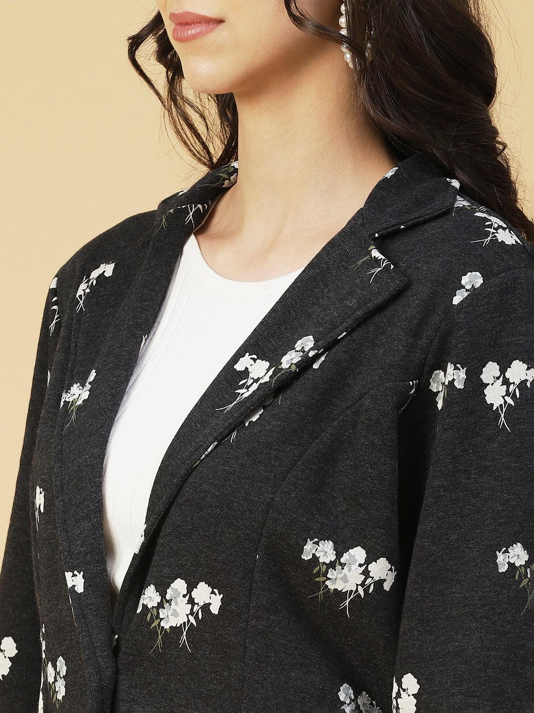 Winter Edition Floral Printed Front Open Jacket - Black - Indiakreations