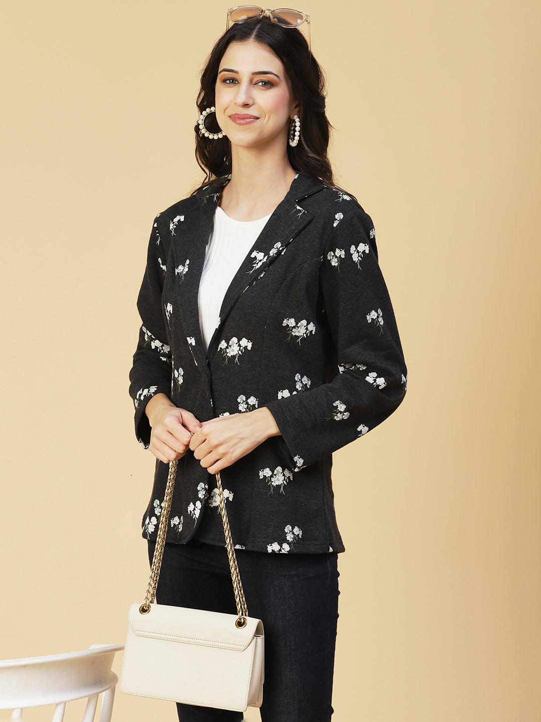 Winter Edition Floral Printed Front Open Jacket - Black - Indiakreations