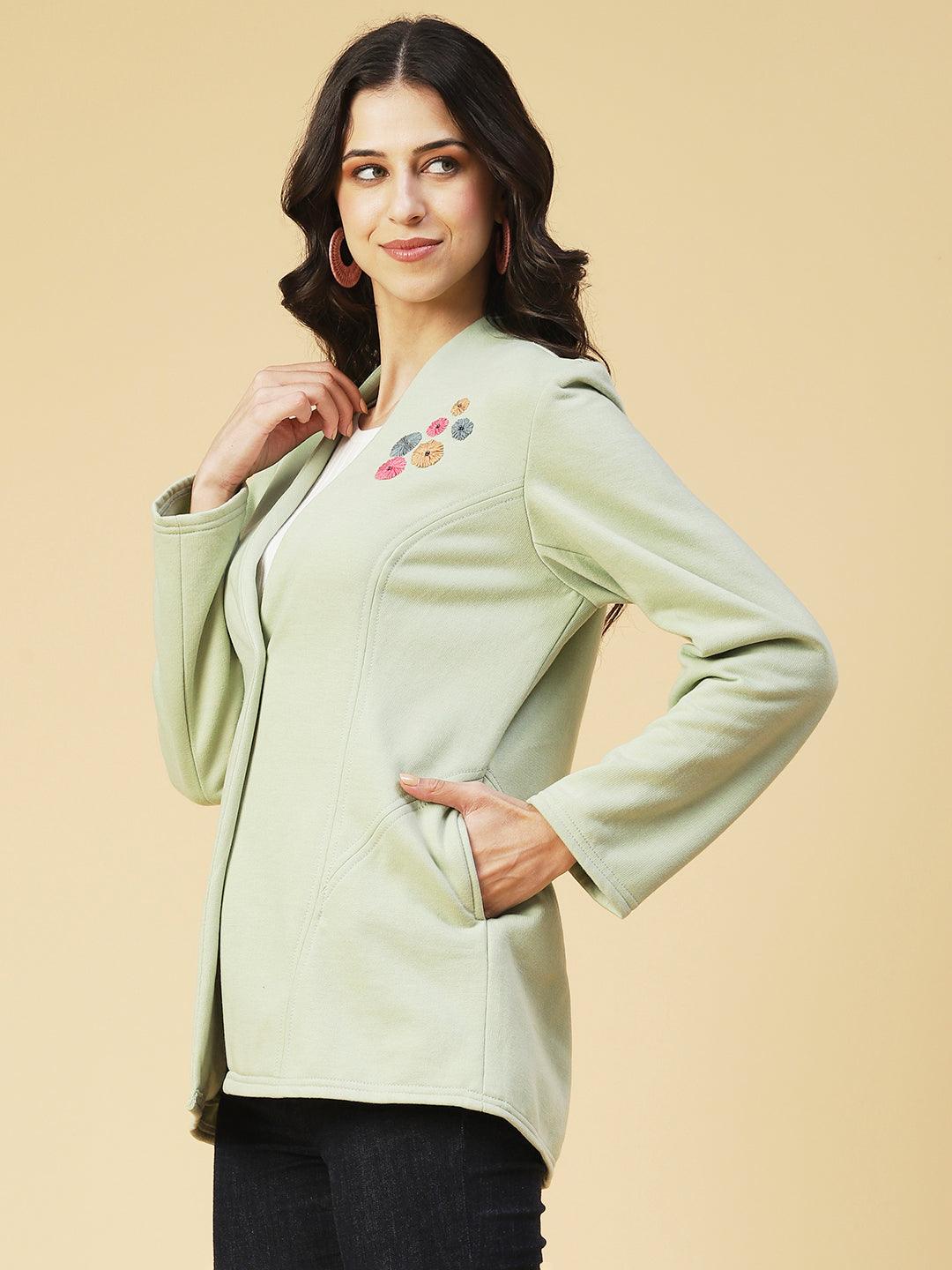 Winter Edition Floral Embroidered Front Open Jacket - Green - Indiakreations