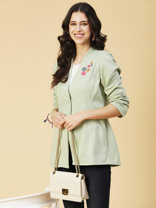 Winter Edition Floral Embroidered Front Open Jacket - Green - Indiakreations