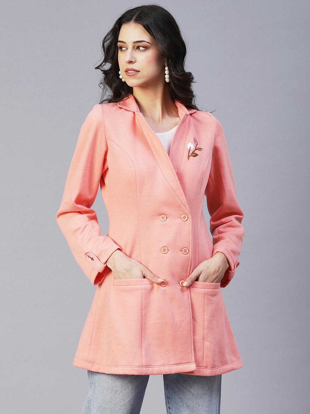 Winter Edition Solid Floral Embroidered A-Line Front Open Jacket - Peach - Indiakreations