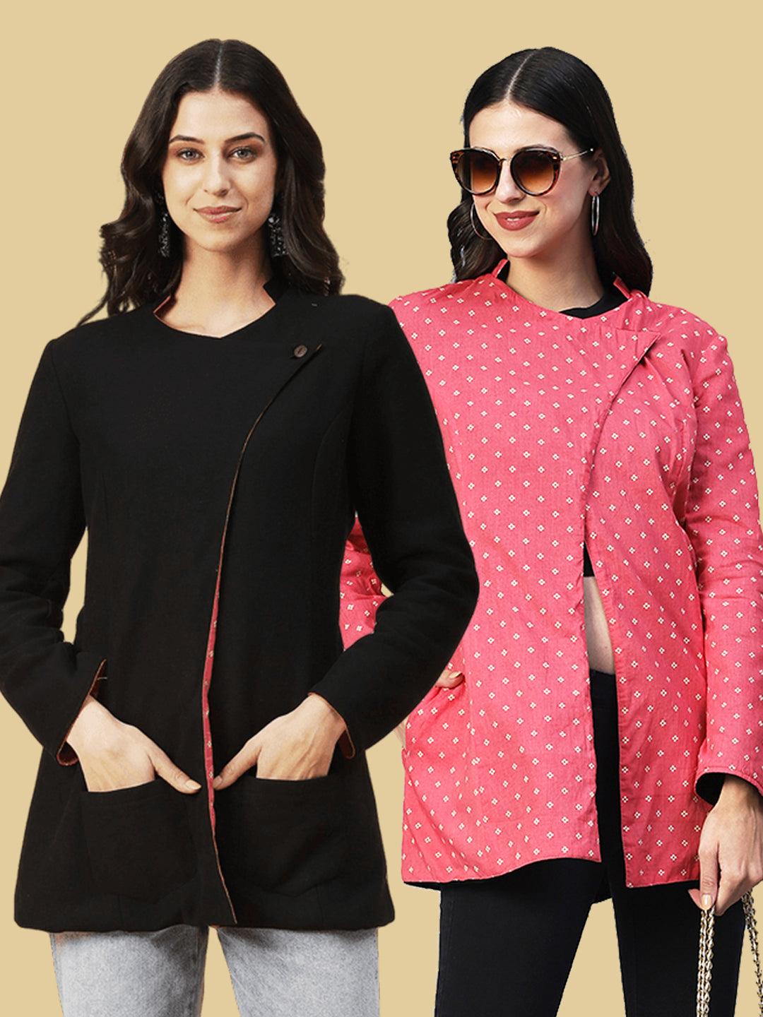 Winter Edition Solid & Ethnic Printed Reversible Front Open Jacket - Black & Pink - Indiakreations