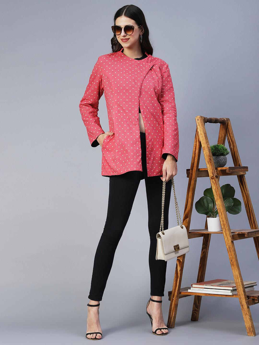 Winter Edition Solid & Ethnic Printed Reversible Front Open Jacket - Black & Pink - Indiakreations