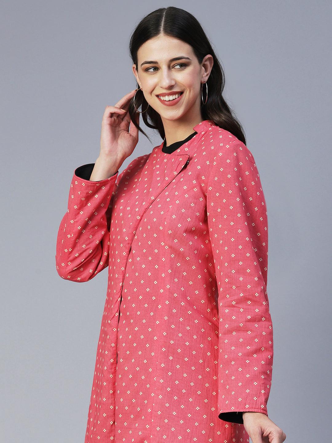 Winter Edition Solid & Ethnic Printed Reversible Front Open Jacket - Black & Pink - Indiakreations