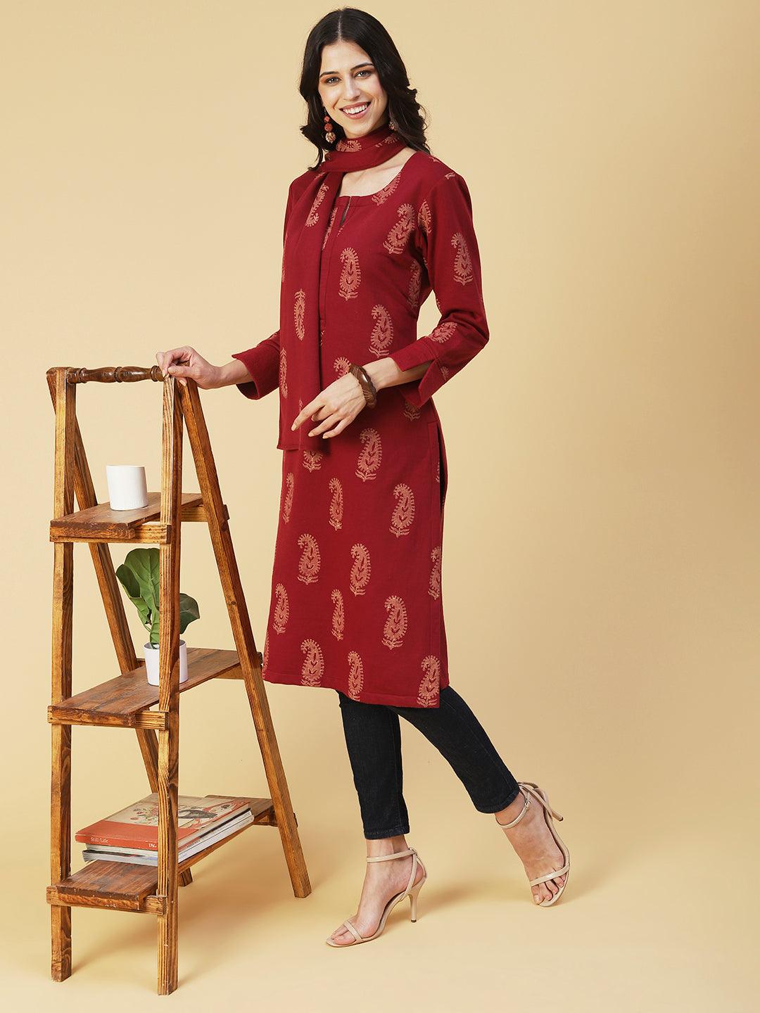 Winter Edition Paisley Printed Straight Fit Kurta with Stole - Maroon - Indiakreations