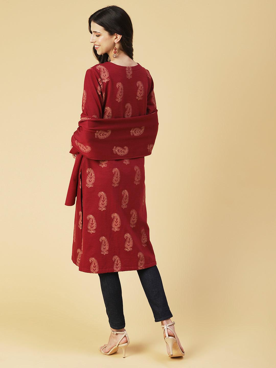 Winter Edition Paisley Printed Straight Fit Kurta with Stole - Maroon - Indiakreations