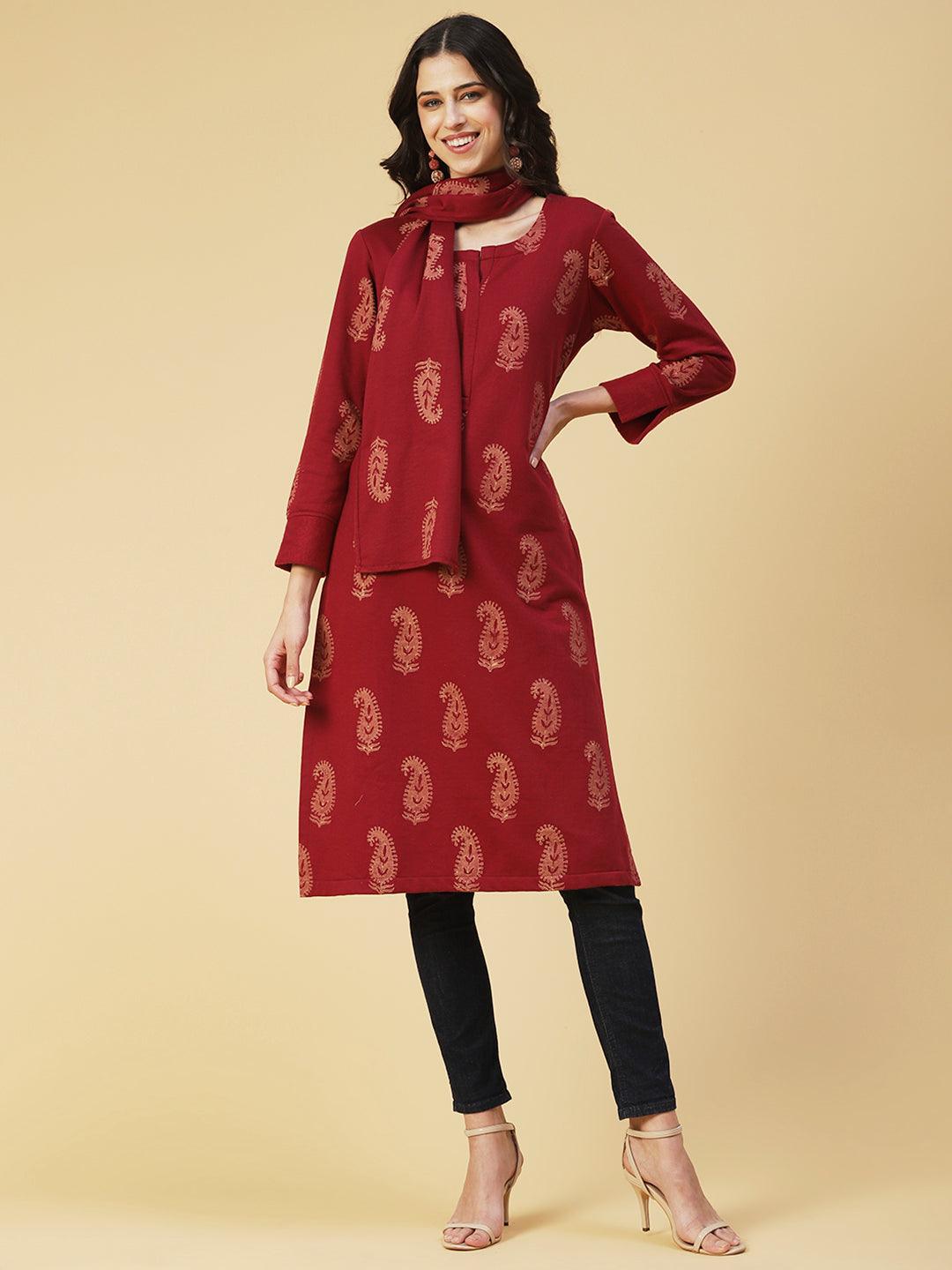 Winter Edition Paisley Printed Straight Fit Kurta with Stole - Maroon - Indiakreations