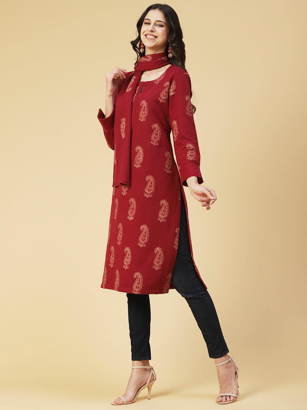 Winter Edition Paisley Printed Straight Fit Kurta with Stole - Maroon - Indiakreations