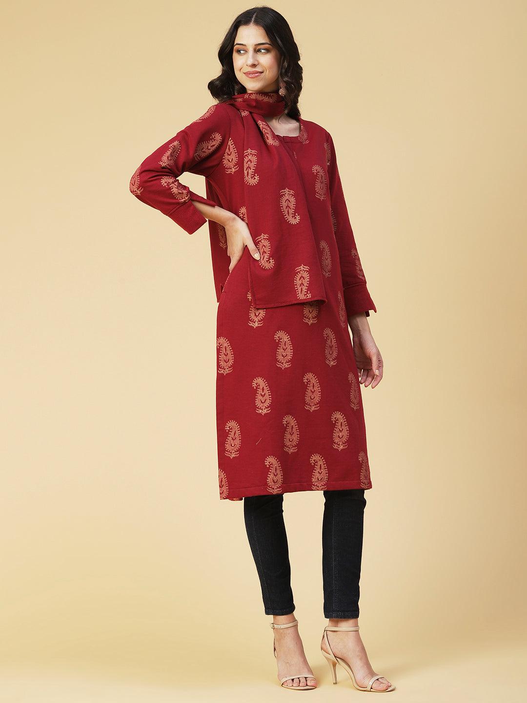 Winter Edition Paisley Printed Straight Fit Kurta with Stole - Maroon - Indiakreations