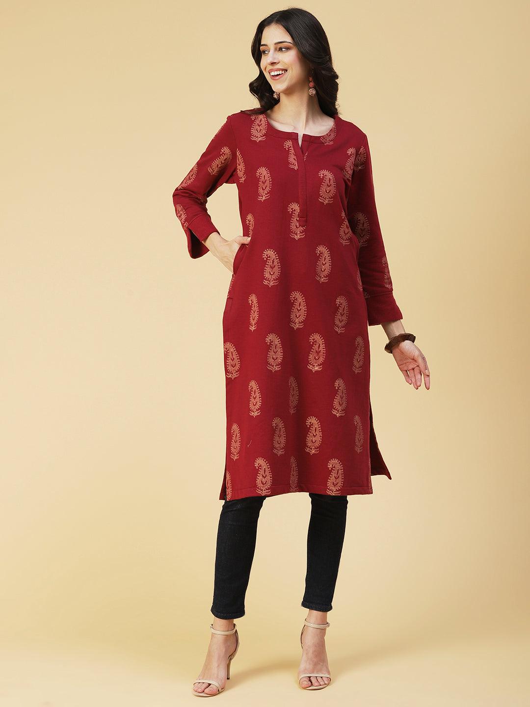 Winter Edition Paisley Printed Straight Fit Kurta with Stole - Maroon - Indiakreations