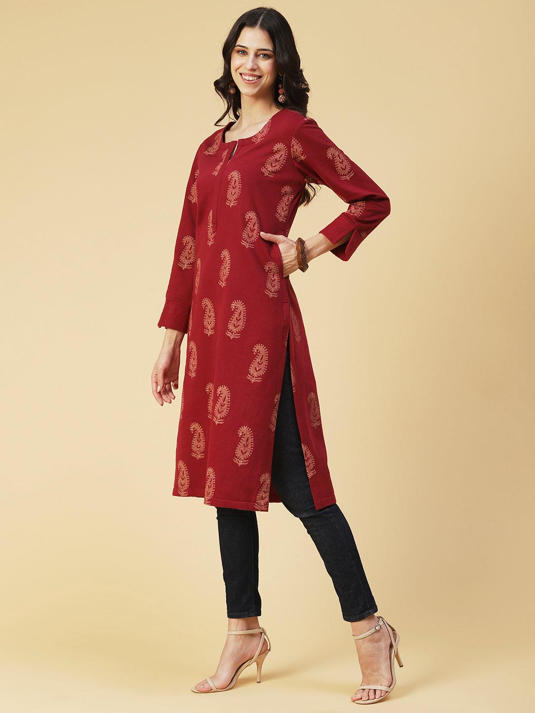 Winter Edition Paisley Printed Straight Fit Kurta with Stole - Maroon - Indiakreations