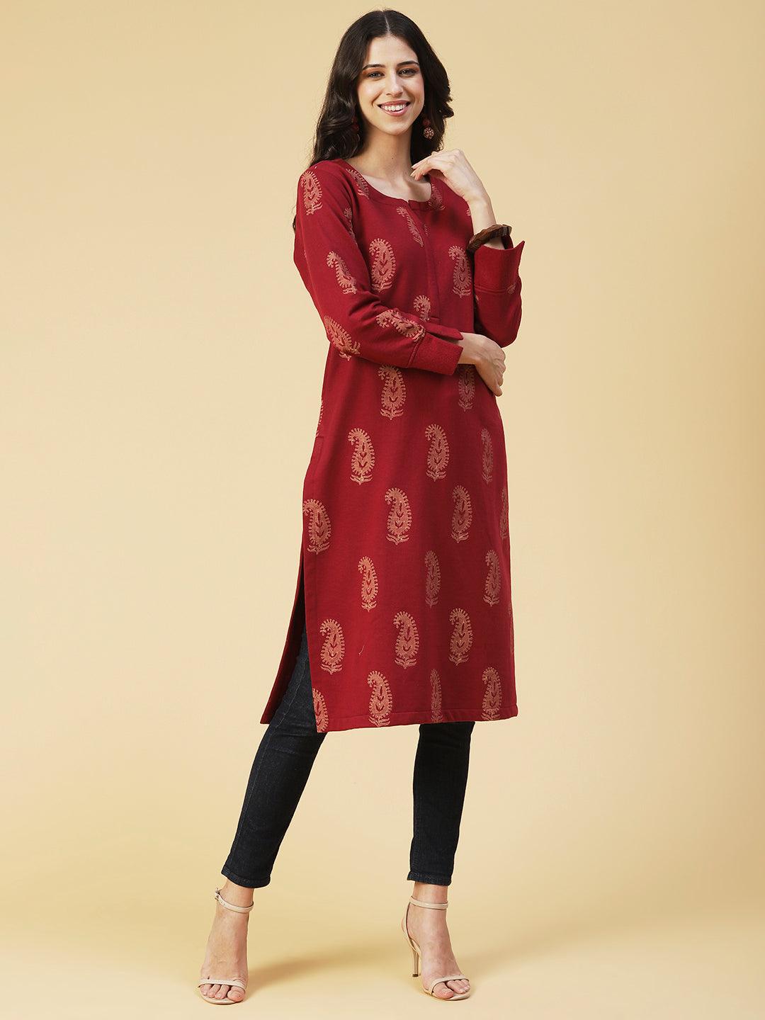 Winter Edition Paisley Printed Straight Fit Kurta with Stole - Maroon - Indiakreations