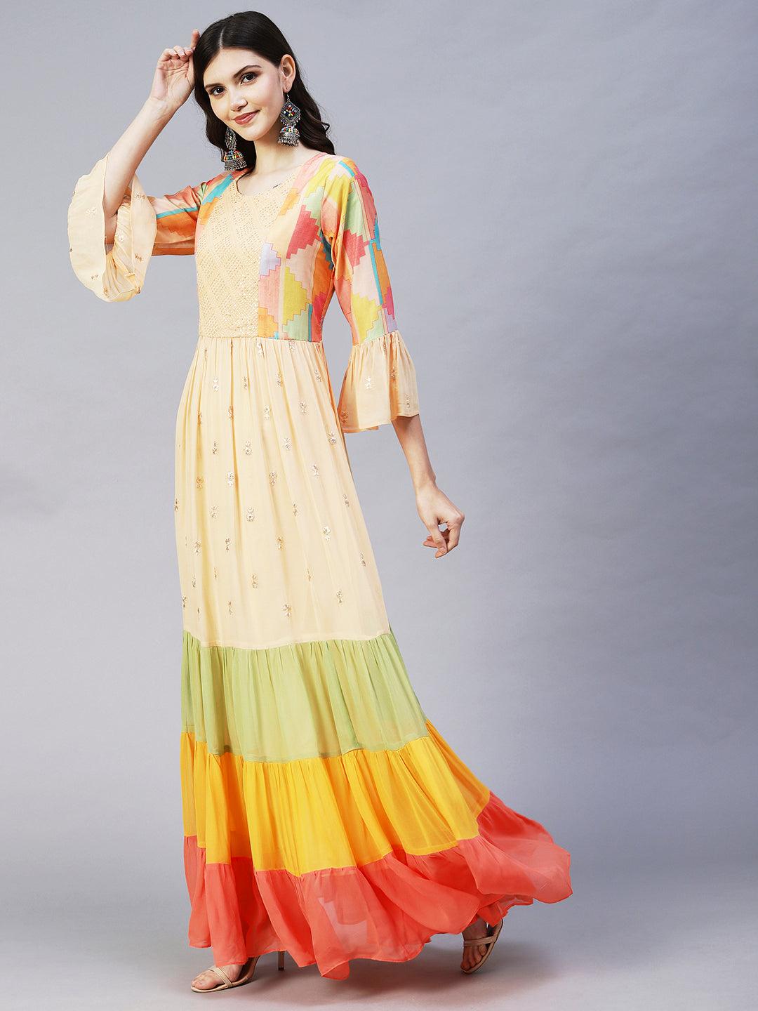 Ethnic Printed & Embroidered Flared Maxi Dress - Cream - Indiakreations