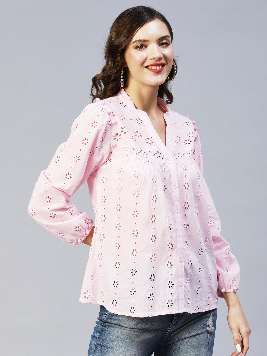 Floral Cutwork Embroidered Straight Fit Kurti - Pink - Indiakreations