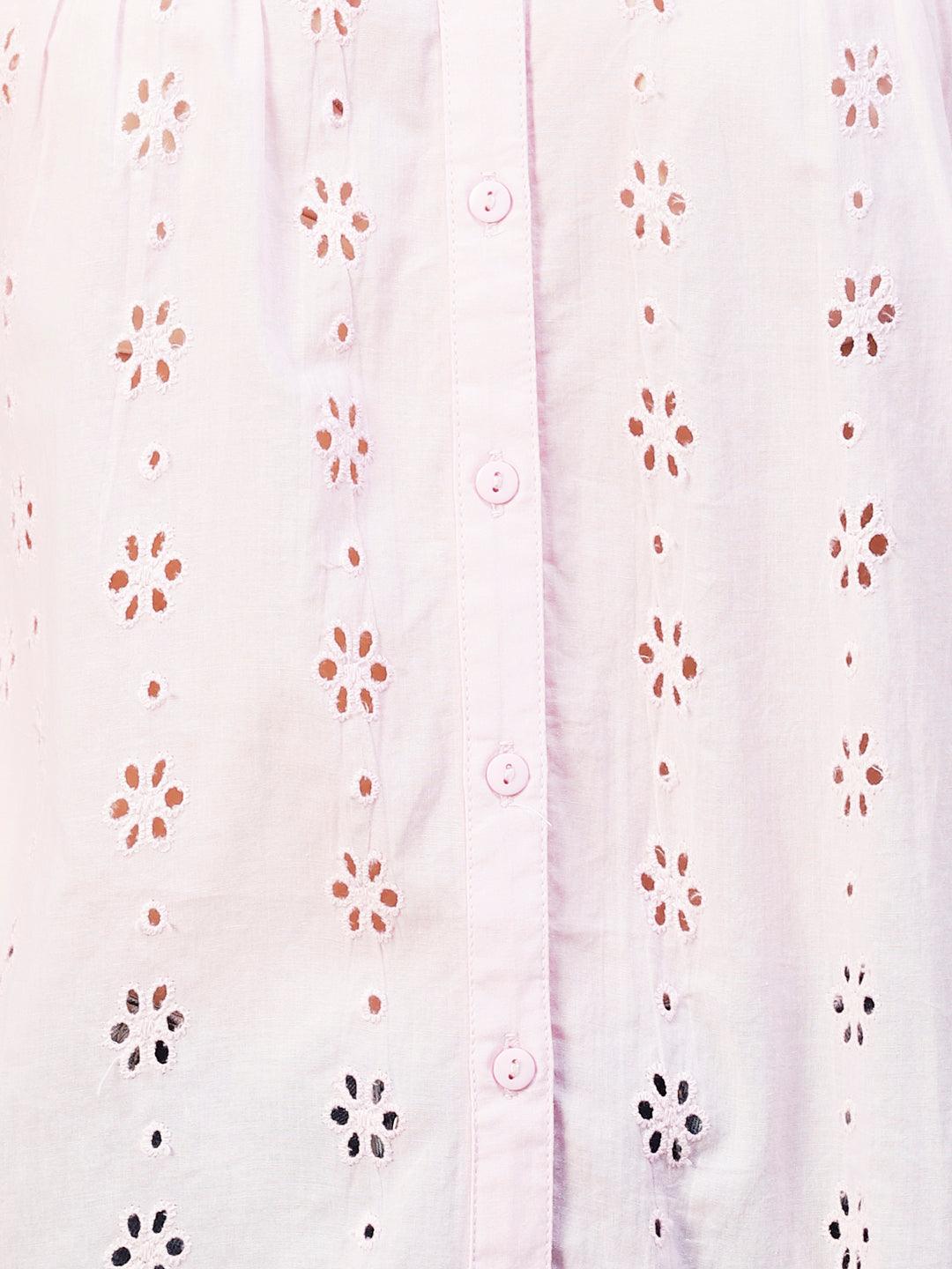 Floral Cutwork Embroidered Straight Fit Kurti - Pink - Indiakreations