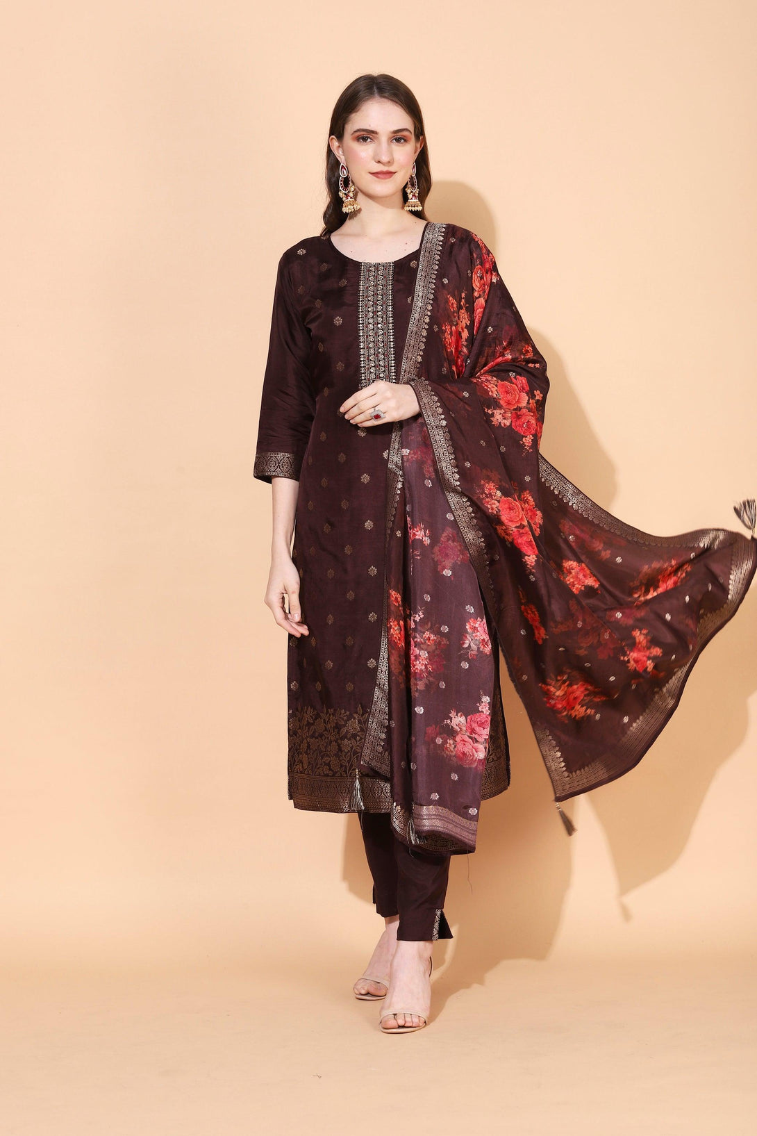 Floral Printed & Hand Embroidered Straight Fit Kurta with Pant & Dupatta - Brown - Indiakreations