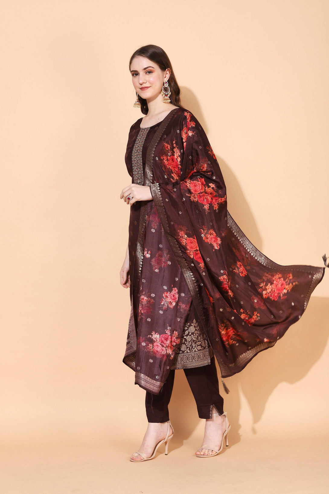 Floral Printed & Hand Embroidered Straight Fit Kurta with Pant & Dupatta - Brown - Indiakreations