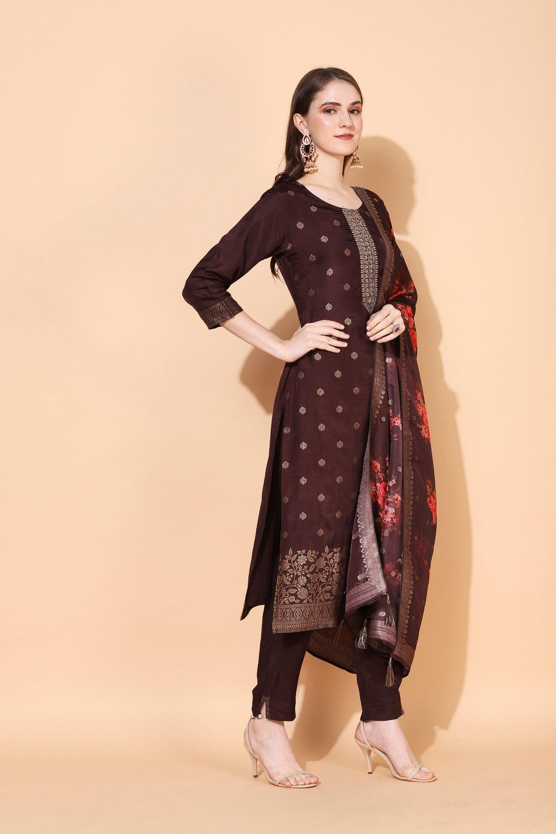 Floral Printed & Hand Embroidered Straight Fit Kurta with Pant & Dupatta - Brown - Indiakreations