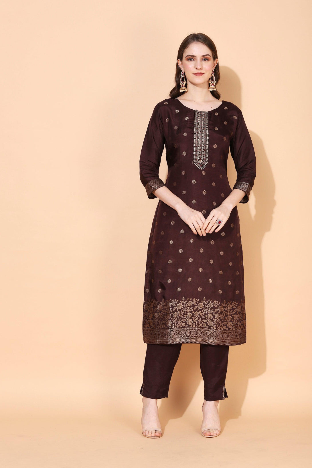 Floral Printed & Hand Embroidered Straight Fit Kurta with Pant & Dupatta - Brown - Indiakreations