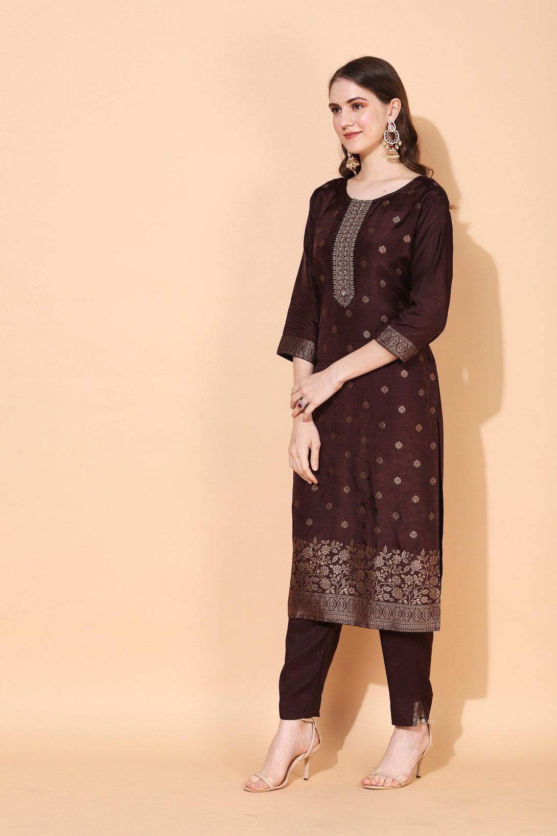 Floral Printed & Hand Embroidered Straight Fit Kurta with Pant & Dupatta - Brown - Indiakreations