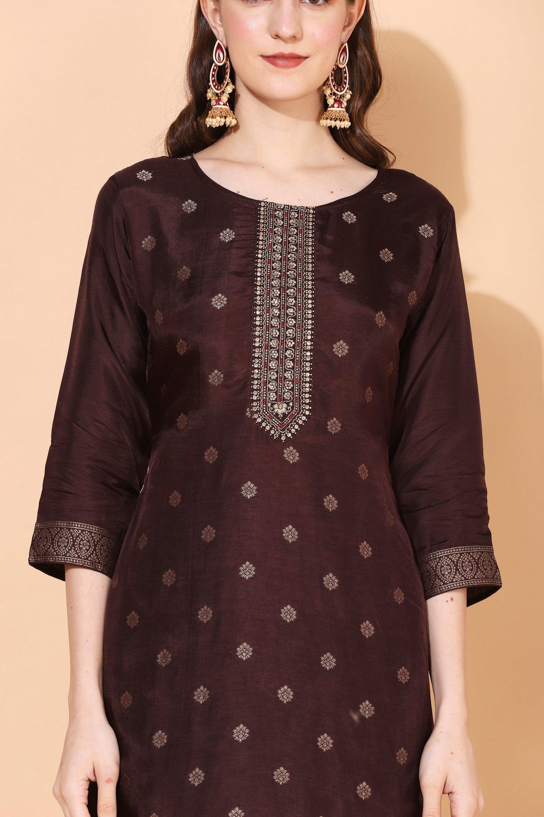 Floral Printed & Hand Embroidered Straight Fit Kurta with Pant & Dupatta - Brown - Indiakreations