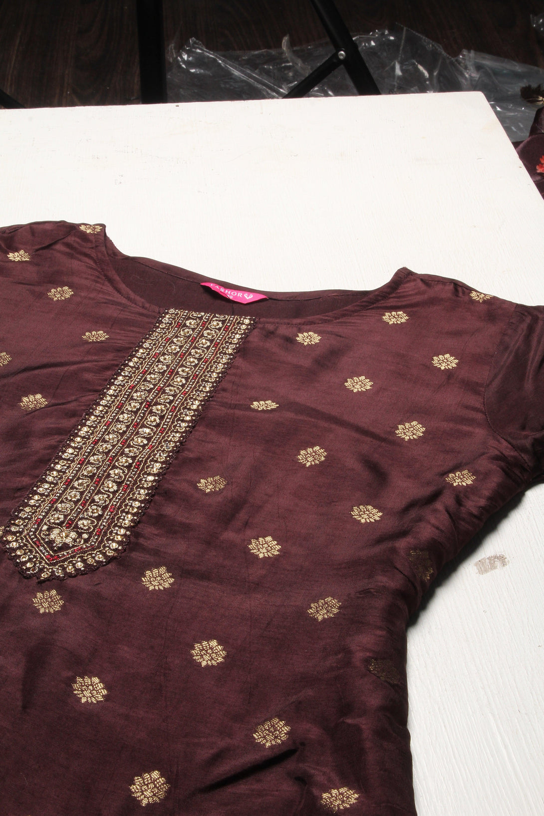 Floral Printed & Hand Embroidered Straight Fit Kurta with Pant & Dupatta - Brown - Indiakreations