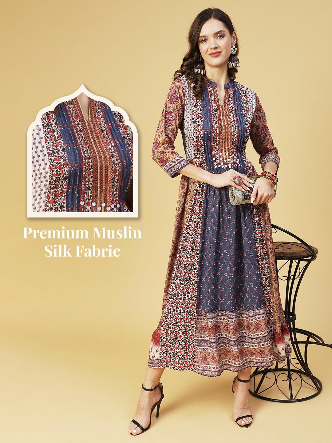 Ethnic Printed & Hand Embroidered A-Line Maxi Dress - Multi - Indiakreations