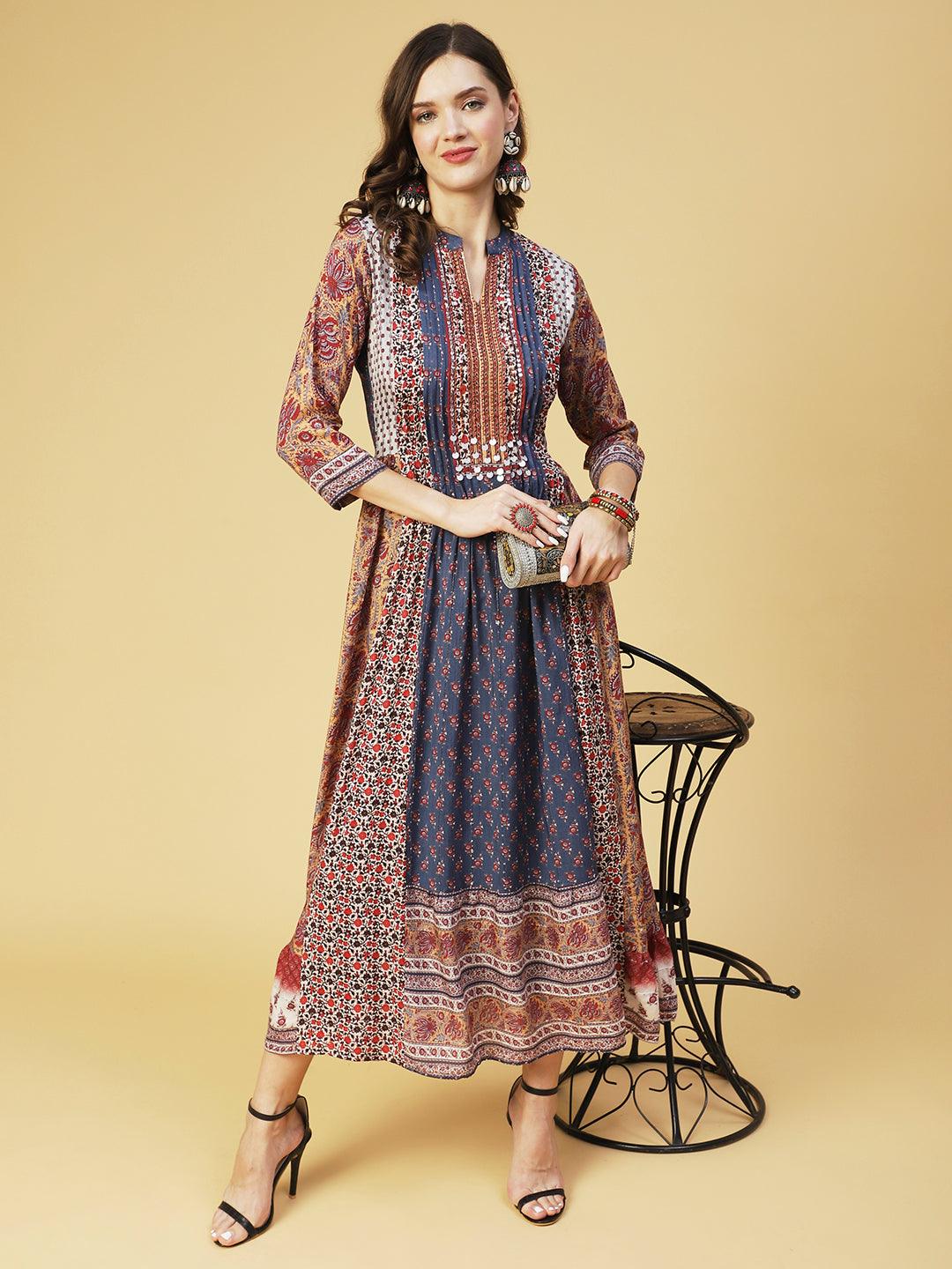 Ethnic Printed & Hand Embroidered A-Line Maxi Dress - Multi - Indiakreations