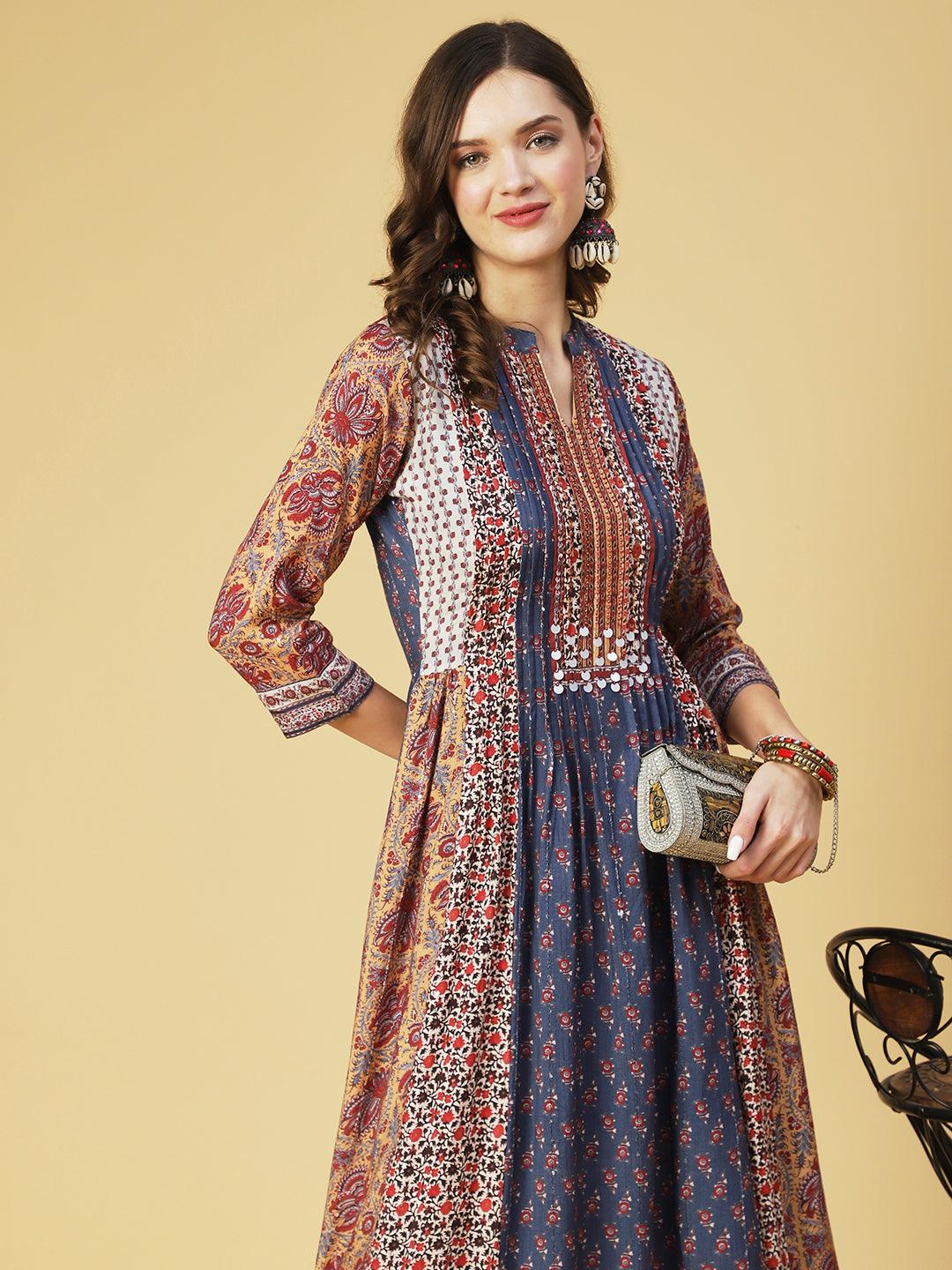 Ethnic Printed & Hand Embroidered A-Line Maxi Dress - Multi - Indiakreations