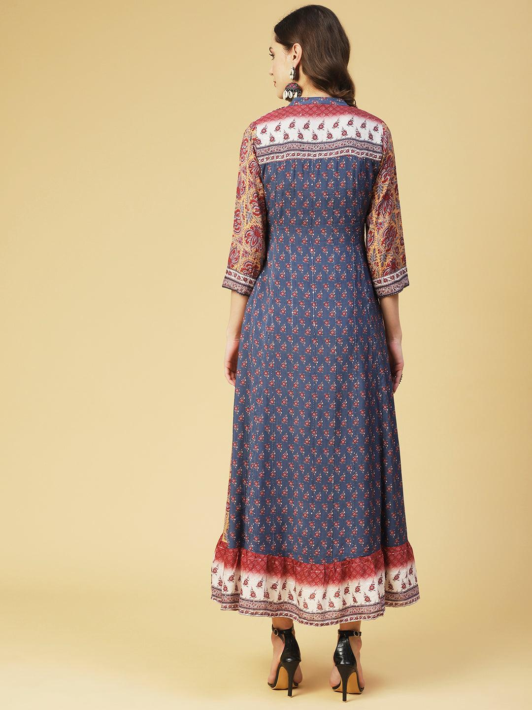 Ethnic Printed & Hand Embroidered A-Line Maxi Dress - Multi - Indiakreations