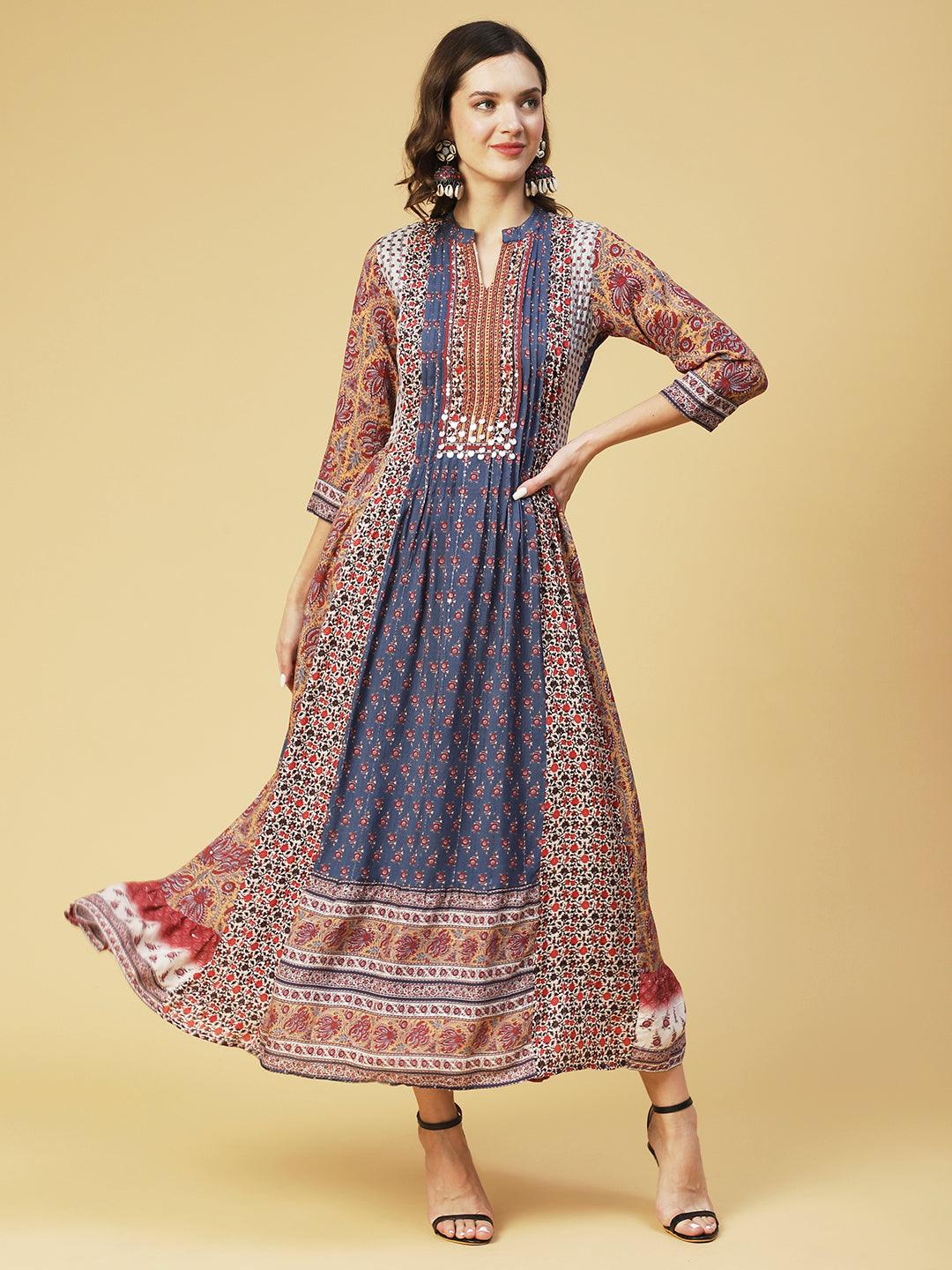 Ethnic Printed & Hand Embroidered A-Line Maxi Dress - Multi - Indiakreations