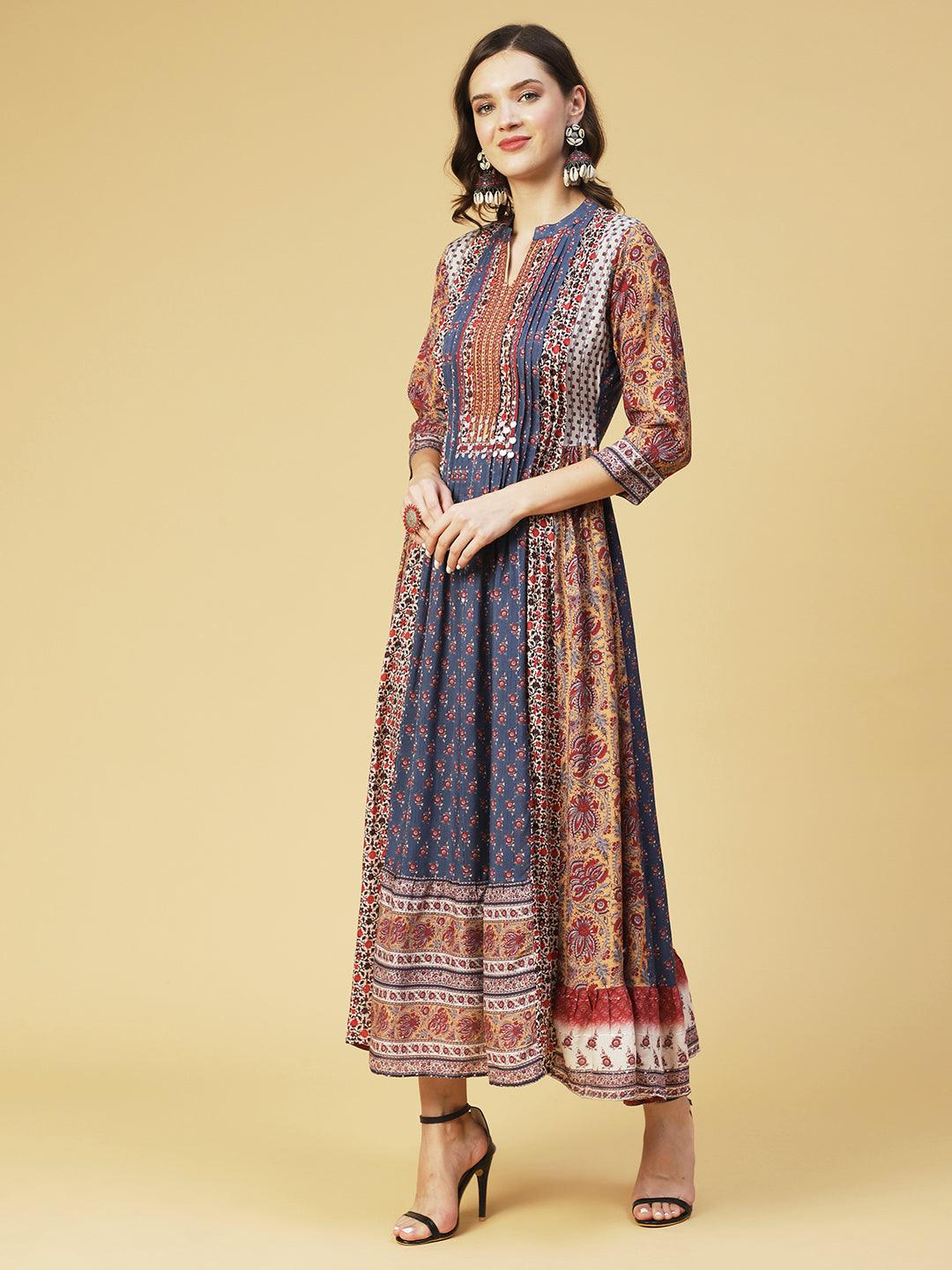 Ethnic Printed & Hand Embroidered A-Line Maxi Dress - Multi - Indiakreations