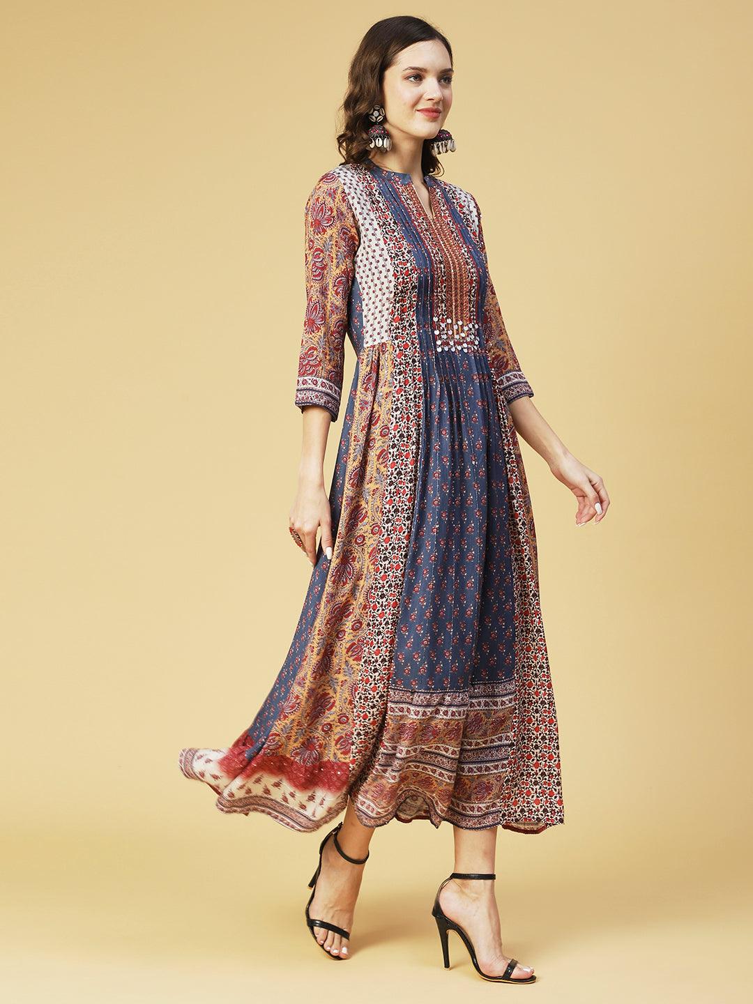 Ethnic Printed & Hand Embroidered A-Line Maxi Dress - Multi - Indiakreations