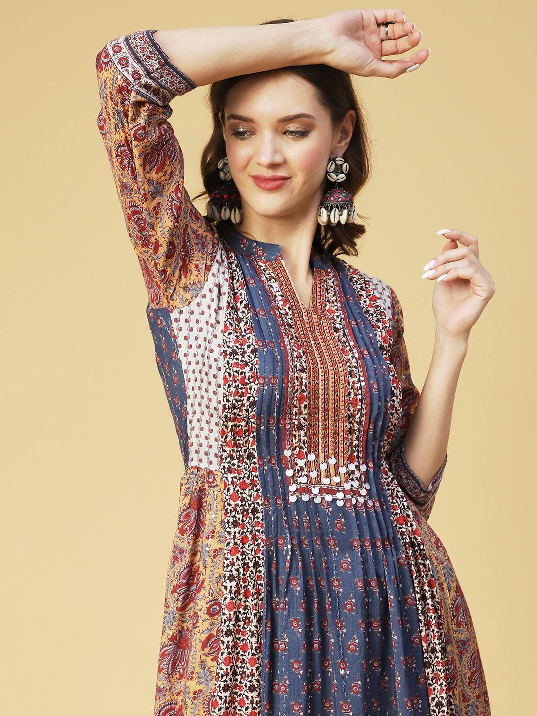 Ethnic Printed & Hand Embroidered A-Line Maxi Dress - Multi - Indiakreations