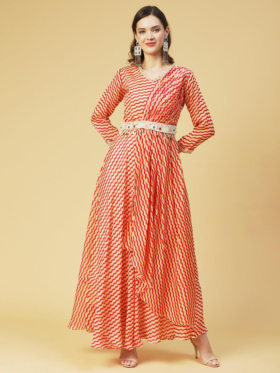 Leheriya Printed & Hand Embroidered Fit & Flare Maxi Dress - Multi - Indiakreations