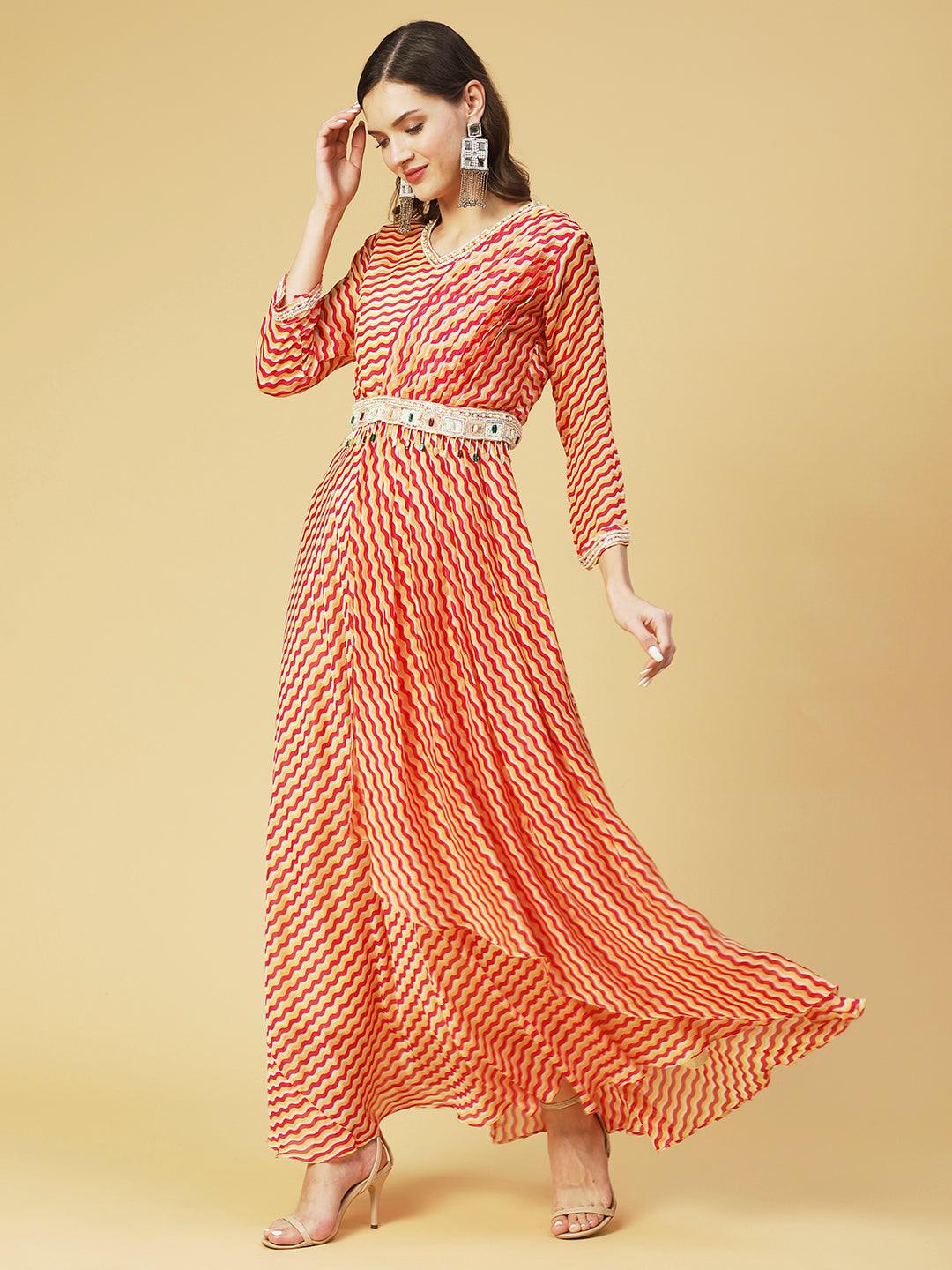 Leheriya Printed & Hand Embroidered Fit & Flare Maxi Dress - Multi - Indiakreations