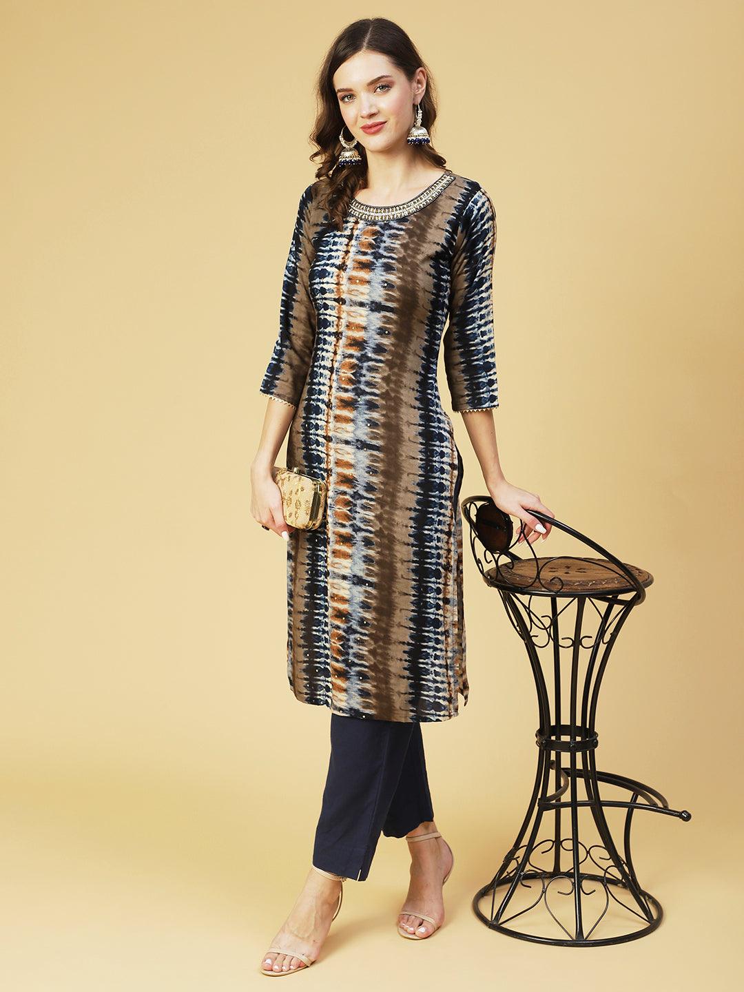 Tie- Dye Printed & Embroidered Straight Fit Kurta - Multi - Indiakreations