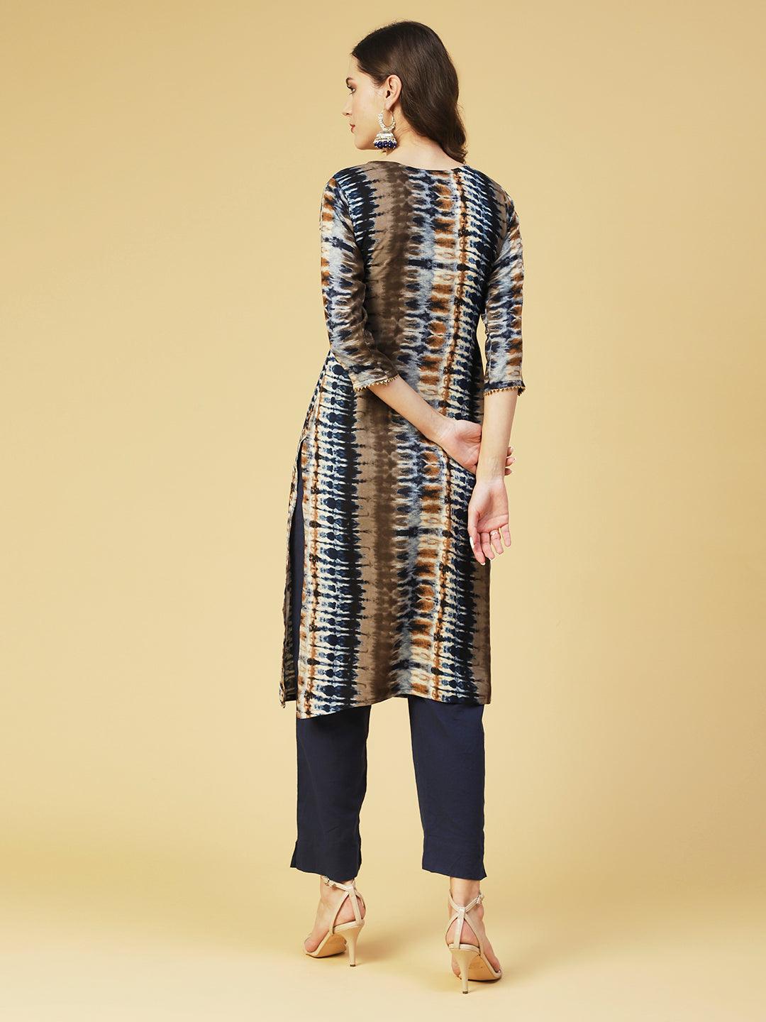 Tie- Dye Printed & Embroidered Straight Fit Kurta - Multi - Indiakreations