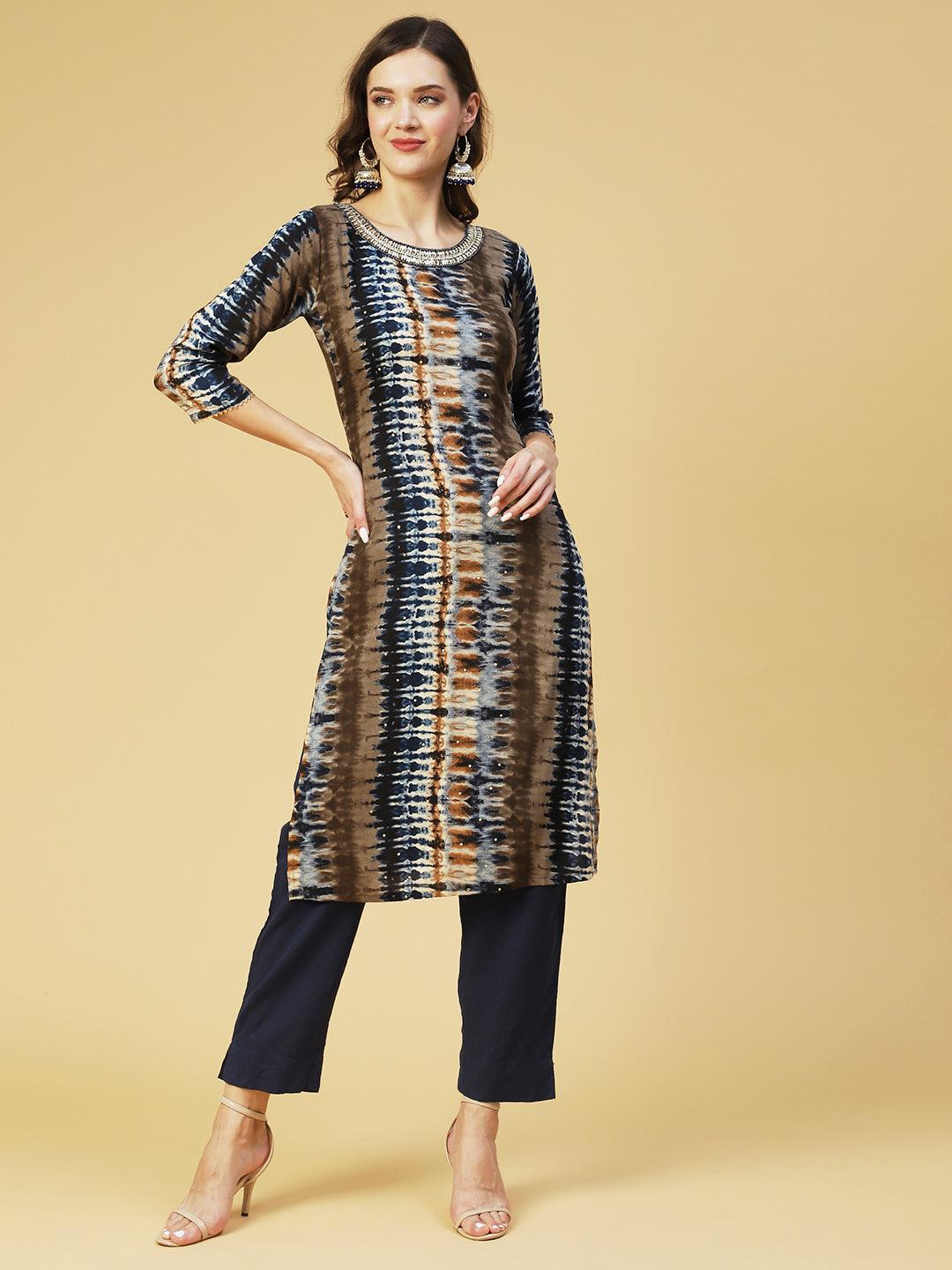 Tie- Dye Printed & Embroidered Straight Fit Kurta - Multi - Indiakreations