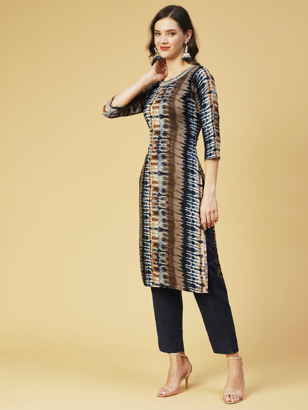 Tie- Dye Printed & Embroidered Straight Fit Kurta - Multi - Indiakreations