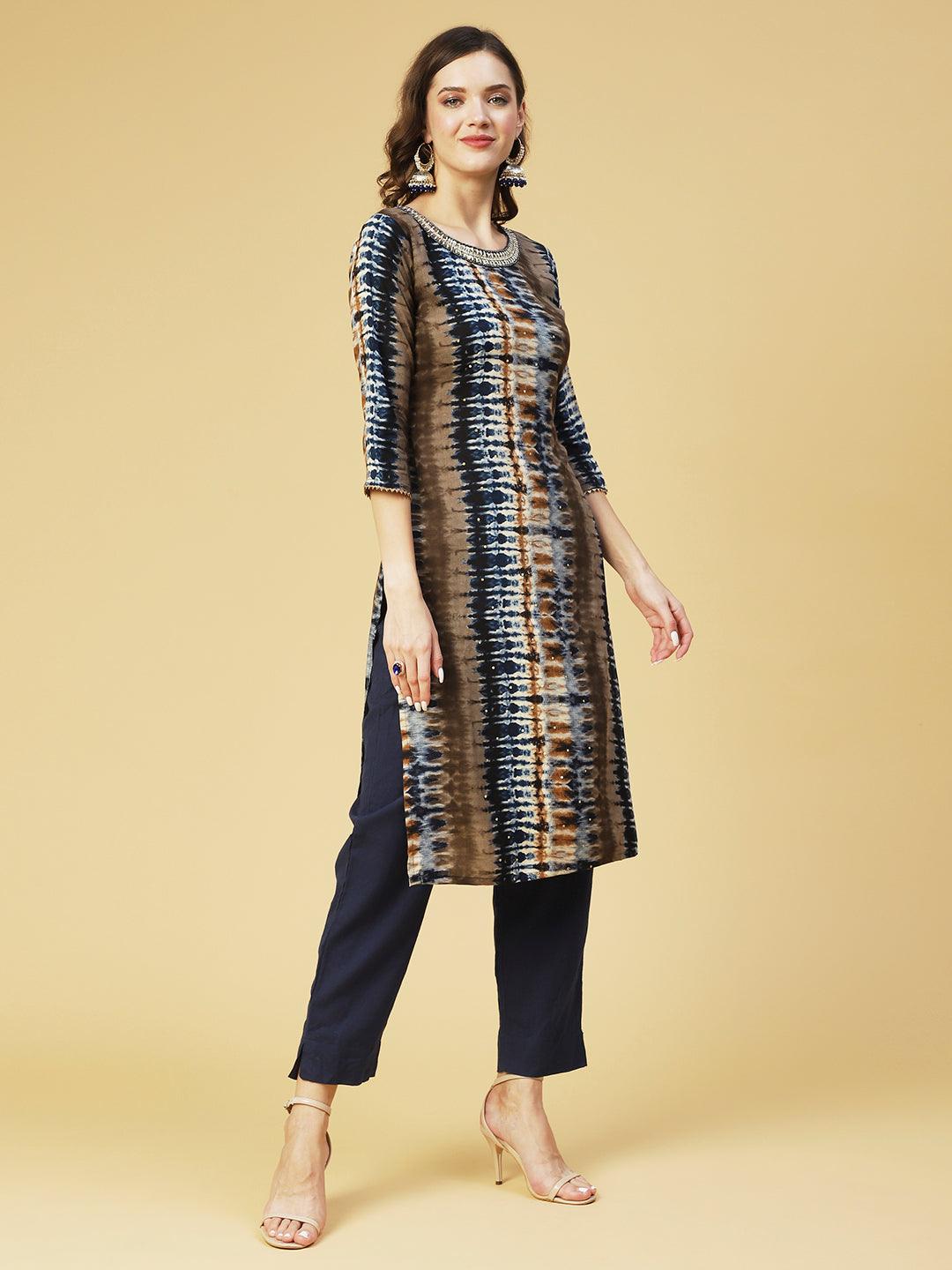 Tie- Dye Printed & Embroidered Straight Fit Kurta - Multi - Indiakreations