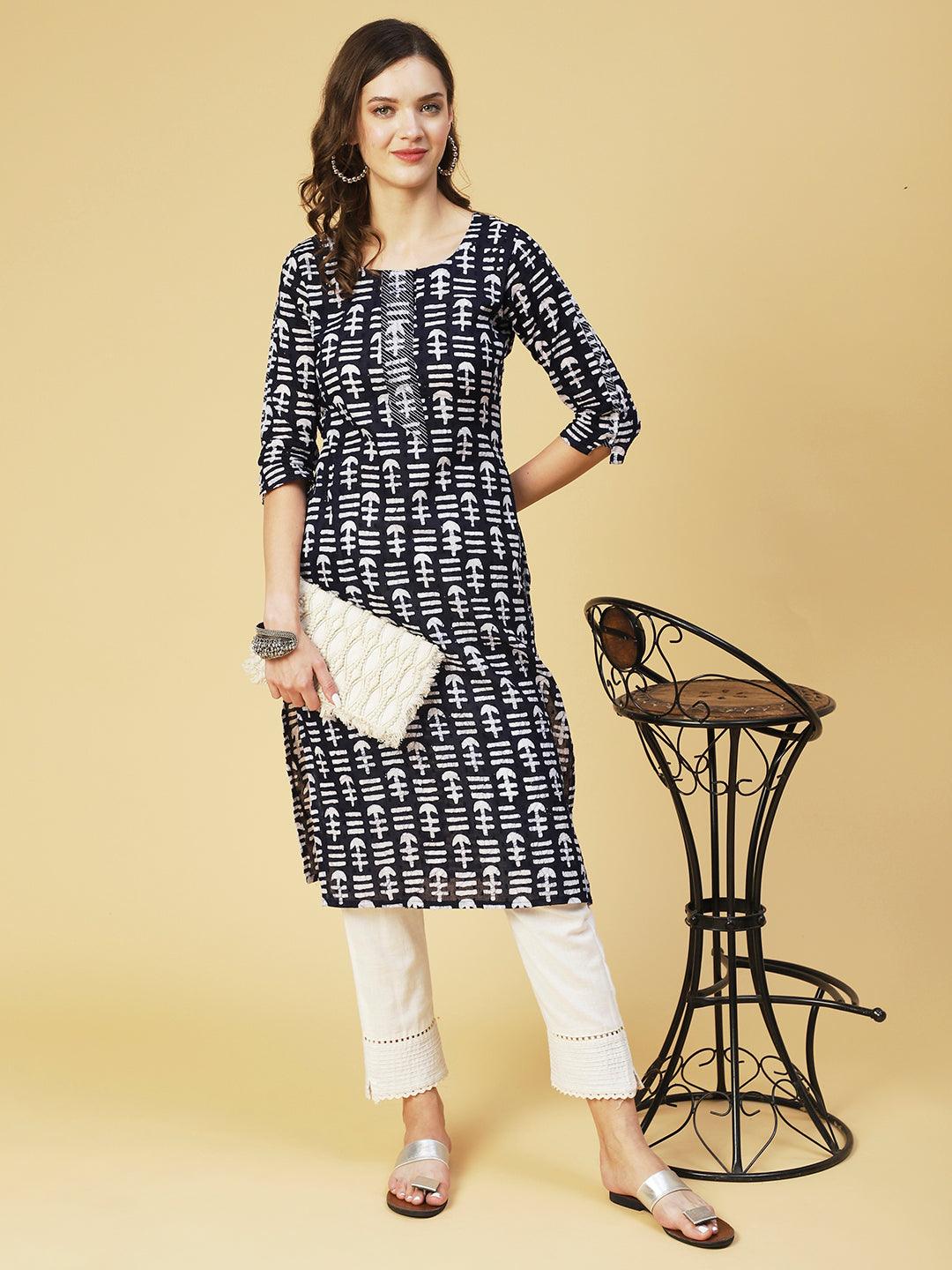 Ethnic Printed Straight Fit Kurta - Navy Blue - Indiakreations