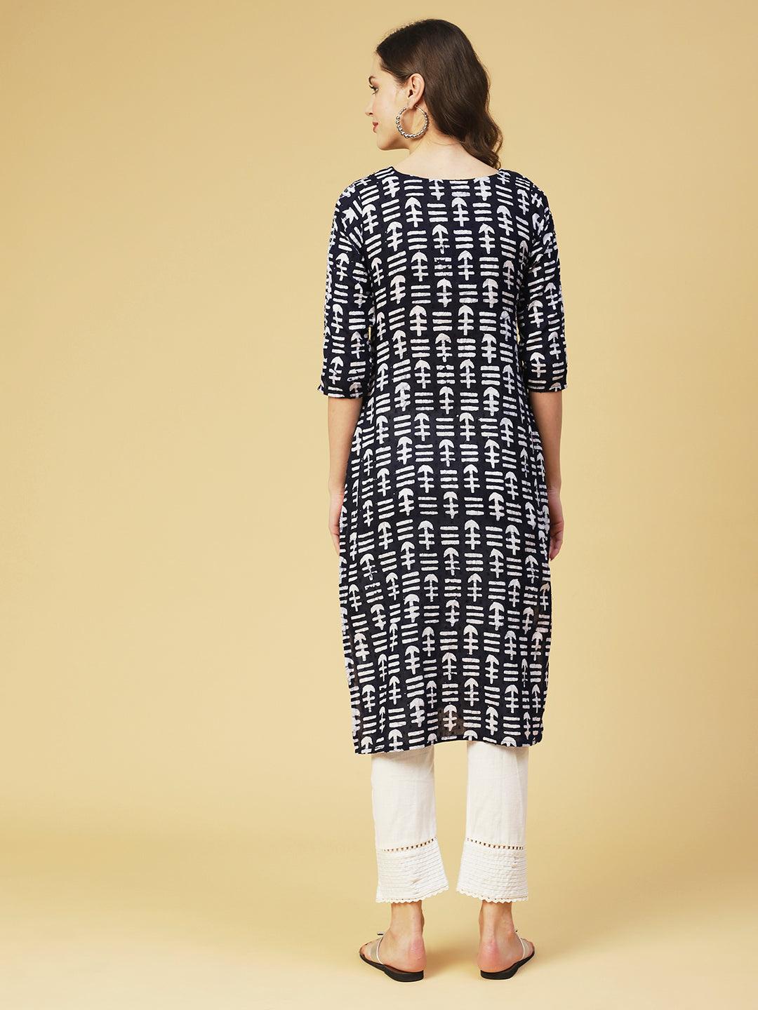 Ethnic Printed Straight Fit Kurta - Navy Blue - Indiakreations