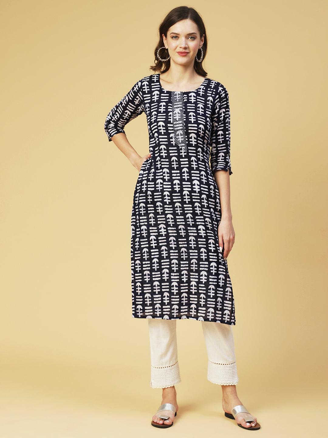 Ethnic Printed Straight Fit Kurta - Navy Blue - Indiakreations