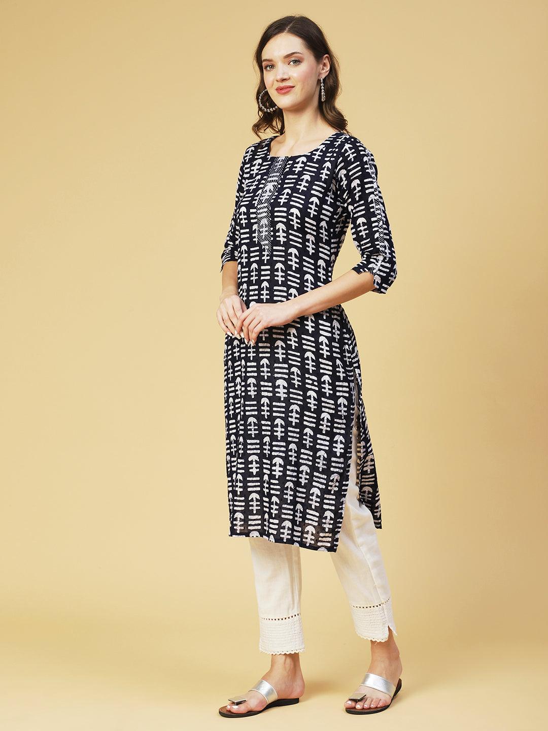 Ethnic Printed Straight Fit Kurta - Navy Blue - Indiakreations