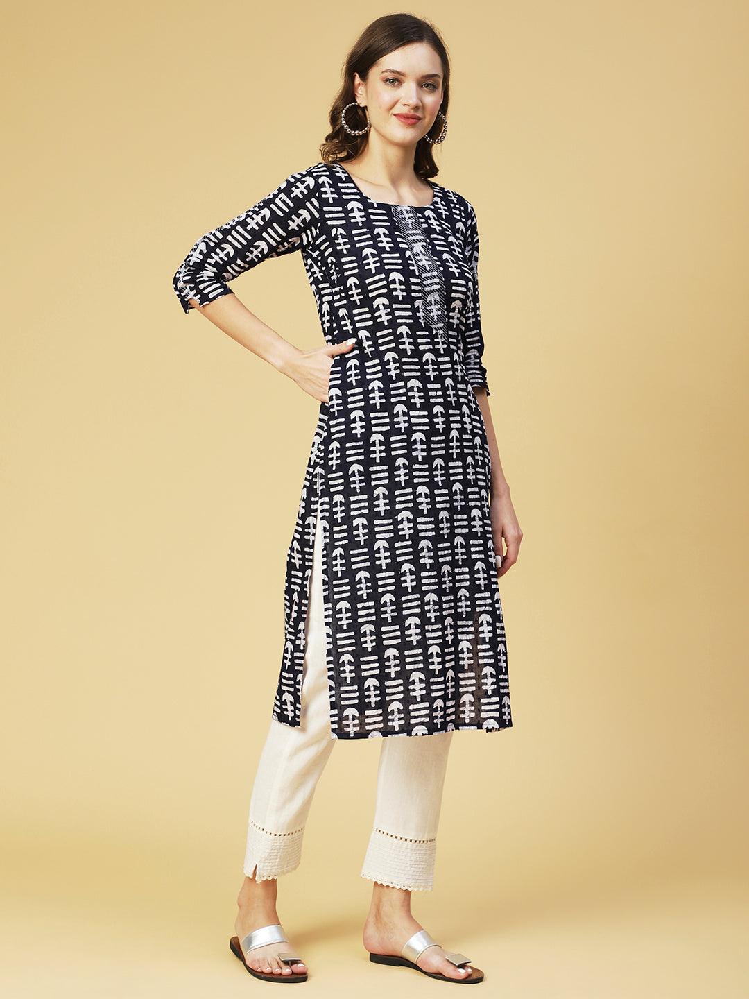 Ethnic Printed Straight Fit Kurta - Navy Blue - Indiakreations